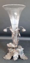 Early 20th century epergne comprising white metal naturalistic stand and clear glass trumpet vase