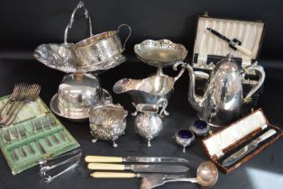 Selection of silver plate including muffin dish, basket, large gravy boat, selection of cutlery