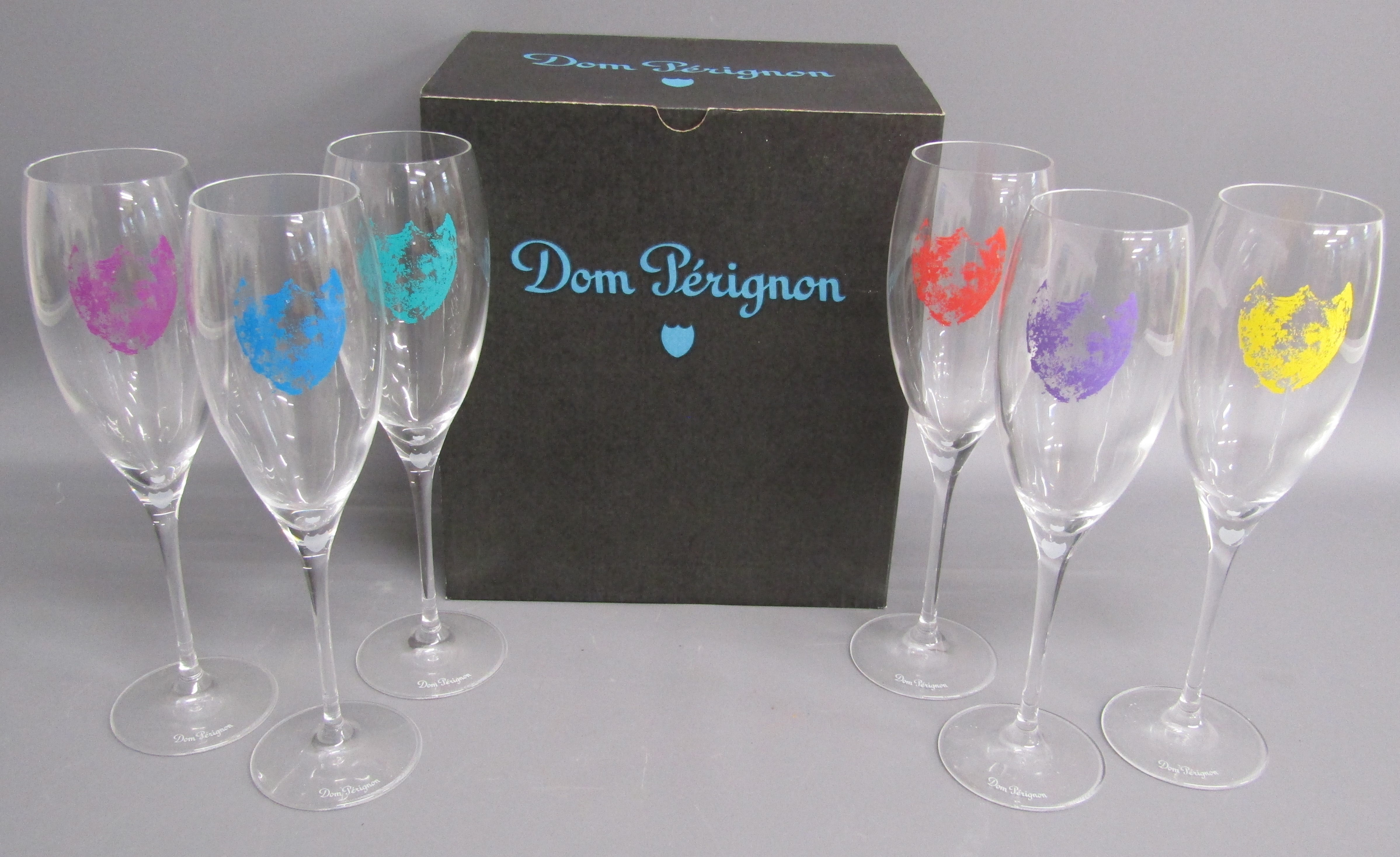 Brand new boxed set of 6 Andy Warhol Dom Perignon Champagne flutes