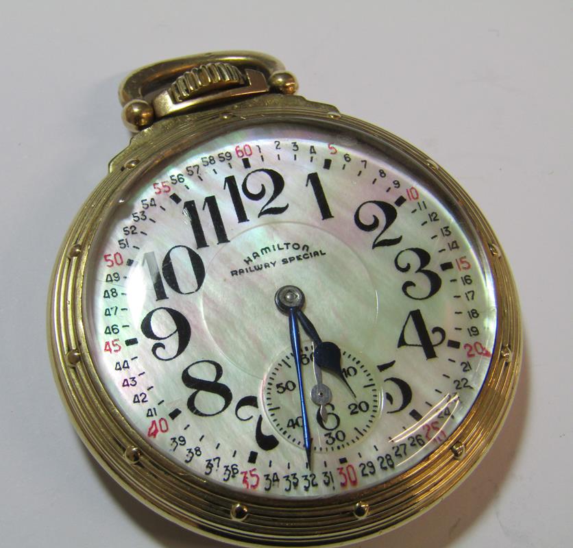 Hamilton Railway special 992B pocket watch - 21 jewels - Montgomery dial - pearl face - 10K gold - Image 3 of 10