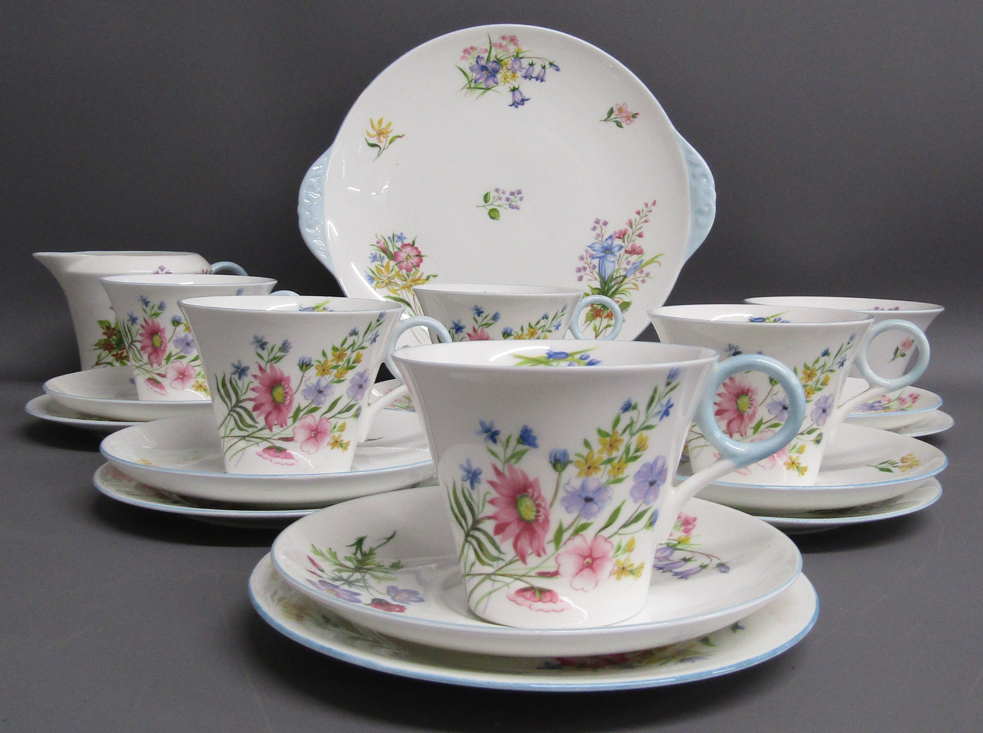 Shelley 'Wild Flowers' 13668 cake plate, milk jug, sugar bowl, side plates, cups & saucers - one cup - Image 2 of 5