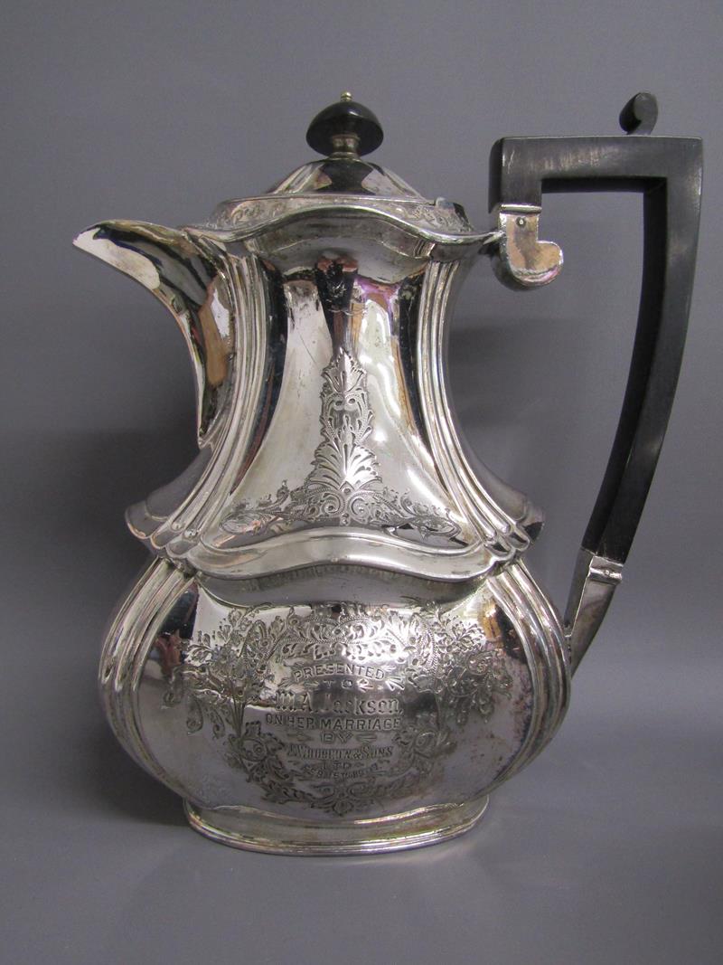 Silver plate includes 1907 wedding presentation hot water pot with ebonised handles, weighted - Image 5 of 11