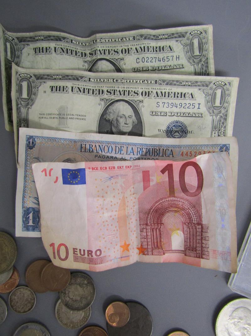 Collection of coins includes English and Foreign, 1 dollar bill, 10 Euro note, 1964 half dollar, - Image 3 of 6