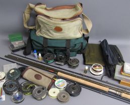 Collection of fly fishing items includes rods, Redington RS4, Daiwa Whisker fly#6-8, Redington