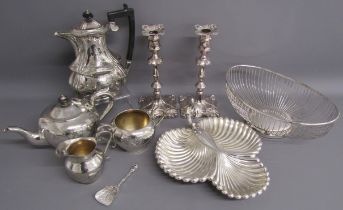 Silver plate includes 1907 wedding presentation hot water pot with ebonised handles, weighted