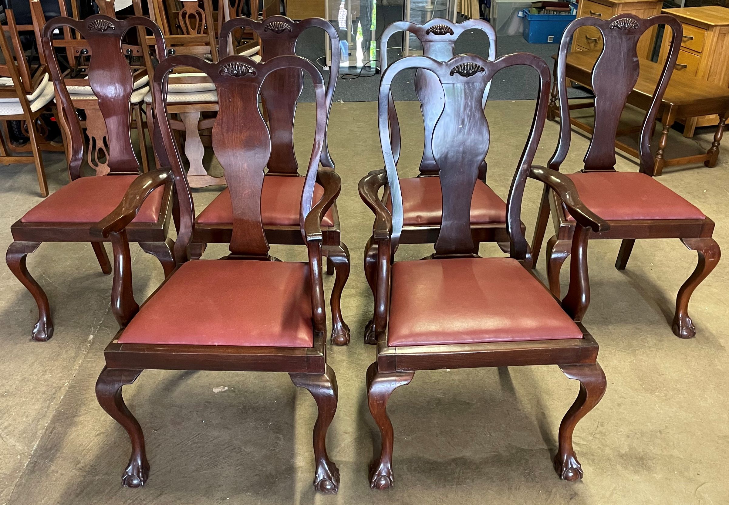 Set of 6 early 20th century mahogany Queen Anne style dining chairs including 2 carvers with leather