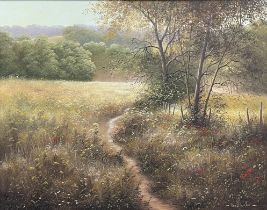 David Waller oil on canvas landscape with a path in the foreground leading to a wood in an ornate