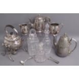 Selection of silver plate and glass including decanters & teapot on stand