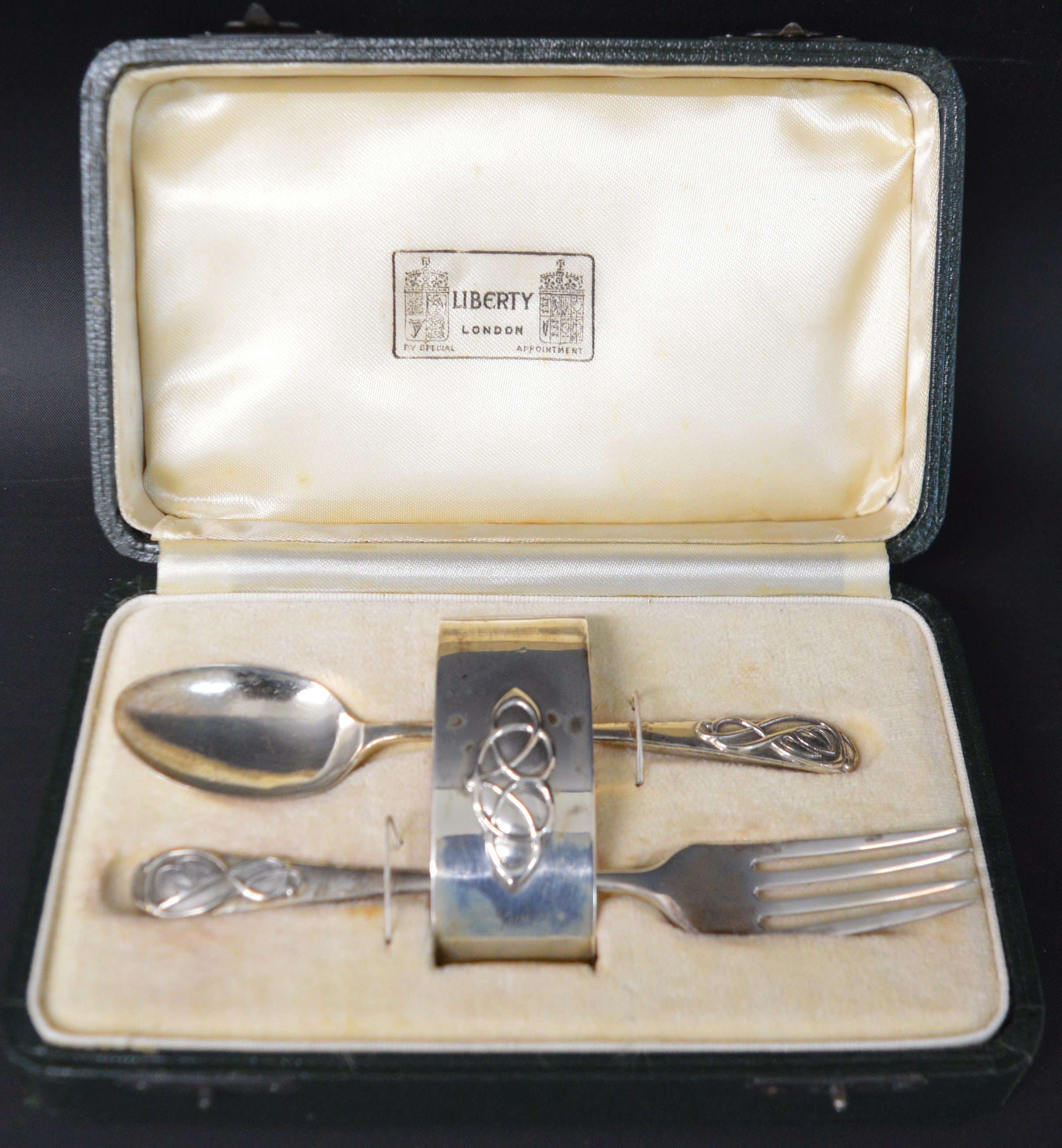 Liberty of London child's cased christening set comprising fork, spoon & napkin ring with Art - Image 3 of 3