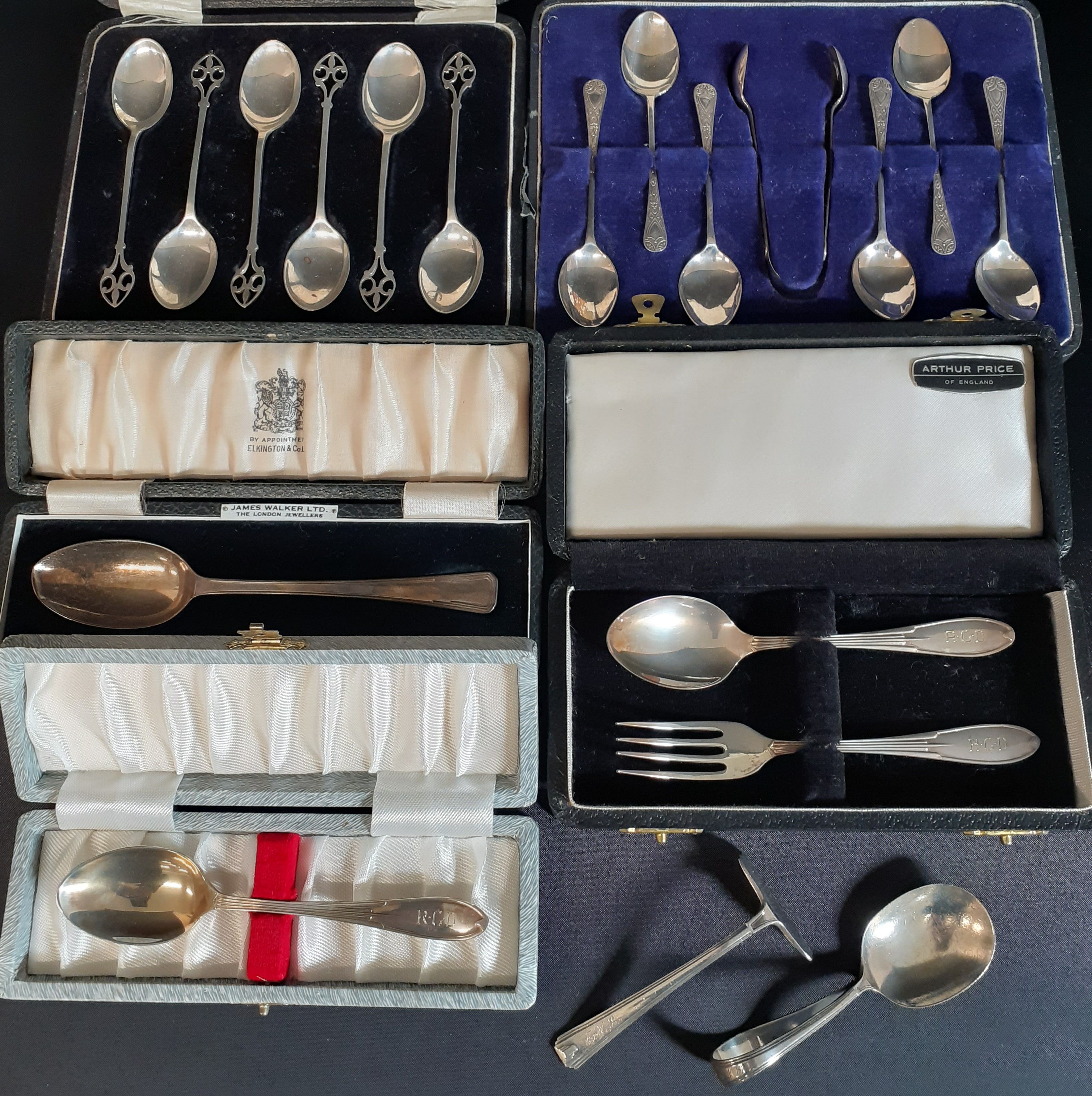Selection of silver flatware including cased set of 6 teaspoons Birmingham 1926, & cased set of