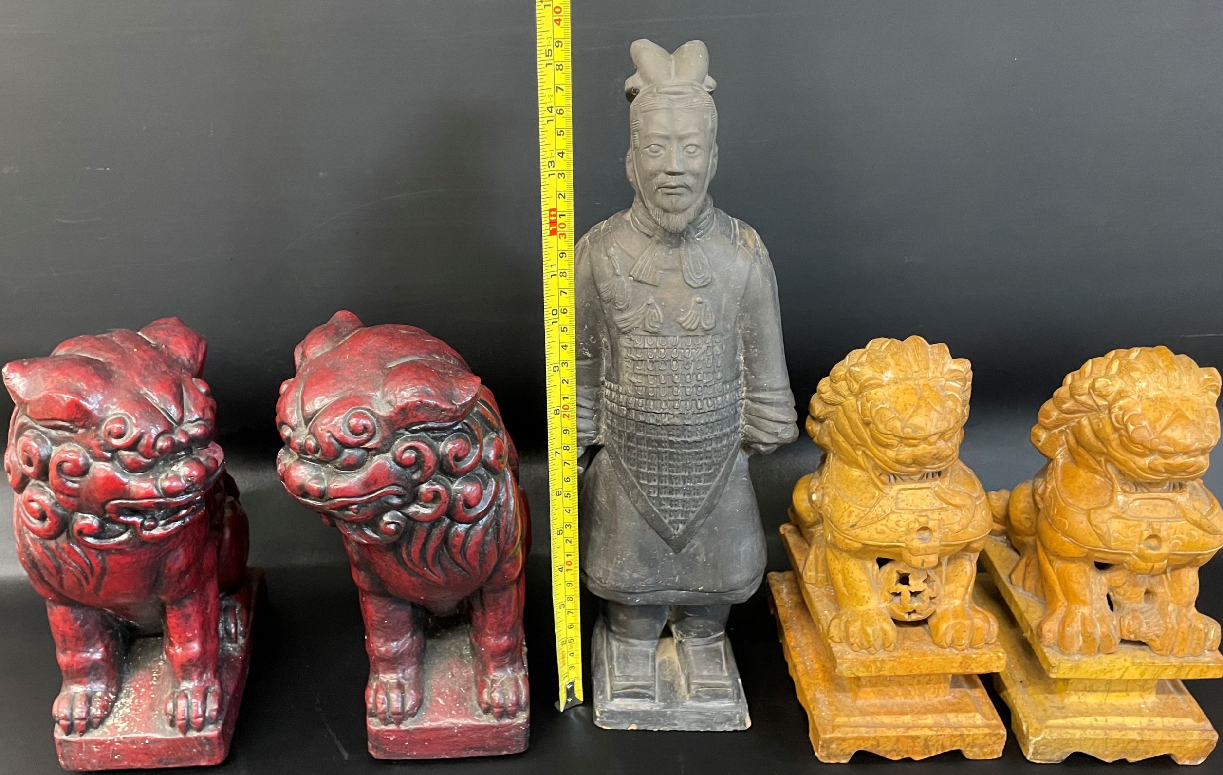 Pair of red cast foo dogs, pair of carved stone foo dogs & a Chinese Terracotta Army figure - Image 2 of 3