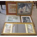 Decorative wall mirror, large framed papyrus, Sam Chadwick signed print & 1 other print