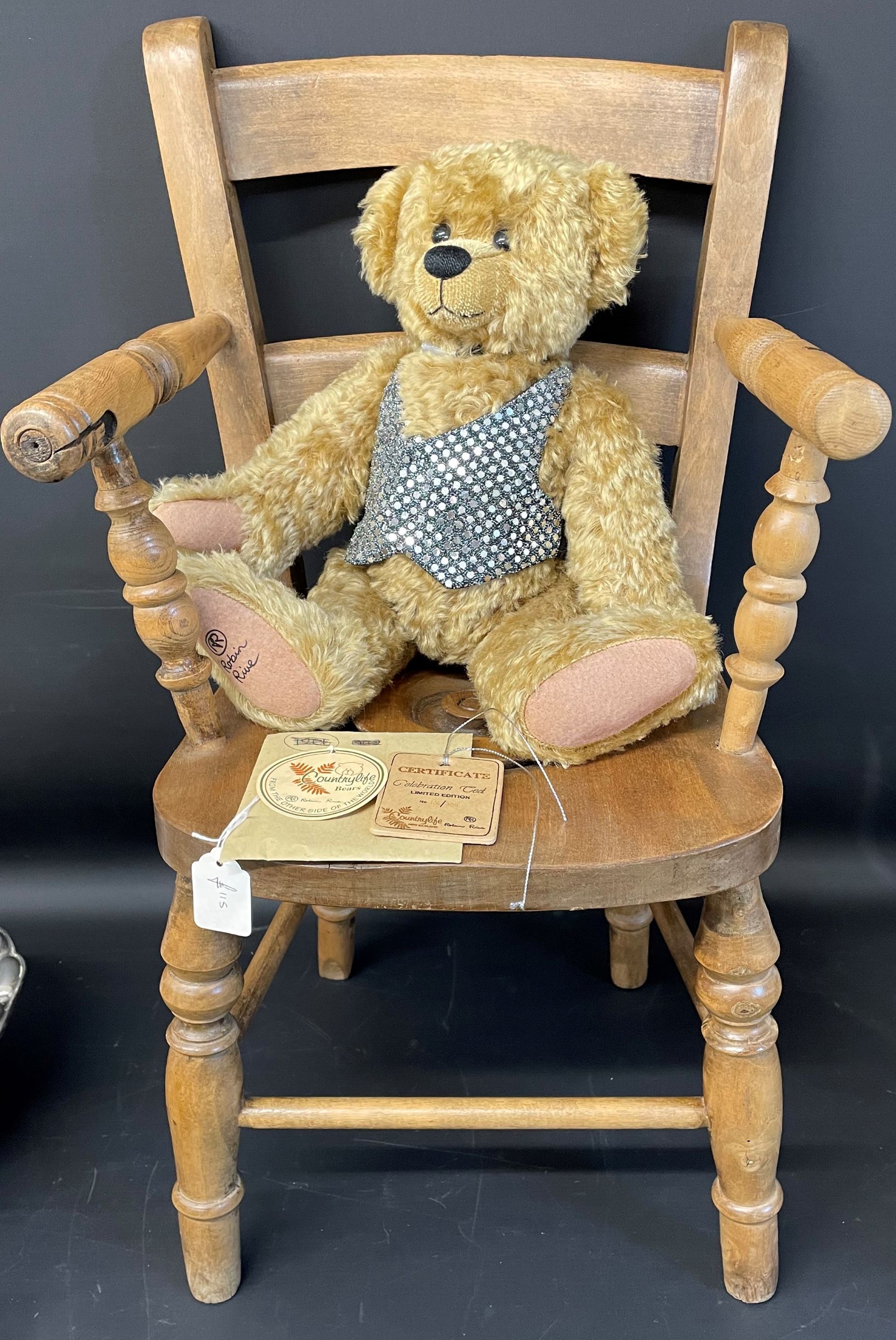Robin Rive Country Life teddy with original label & a child's commode chair