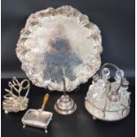 Decorative silver plated circular tray, silver plate & cut glass cruet, wine funnel, Georgian