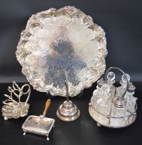 Decorative silver plated circular tray, silver plate & cut glass cruet, wine funnel, Georgian
