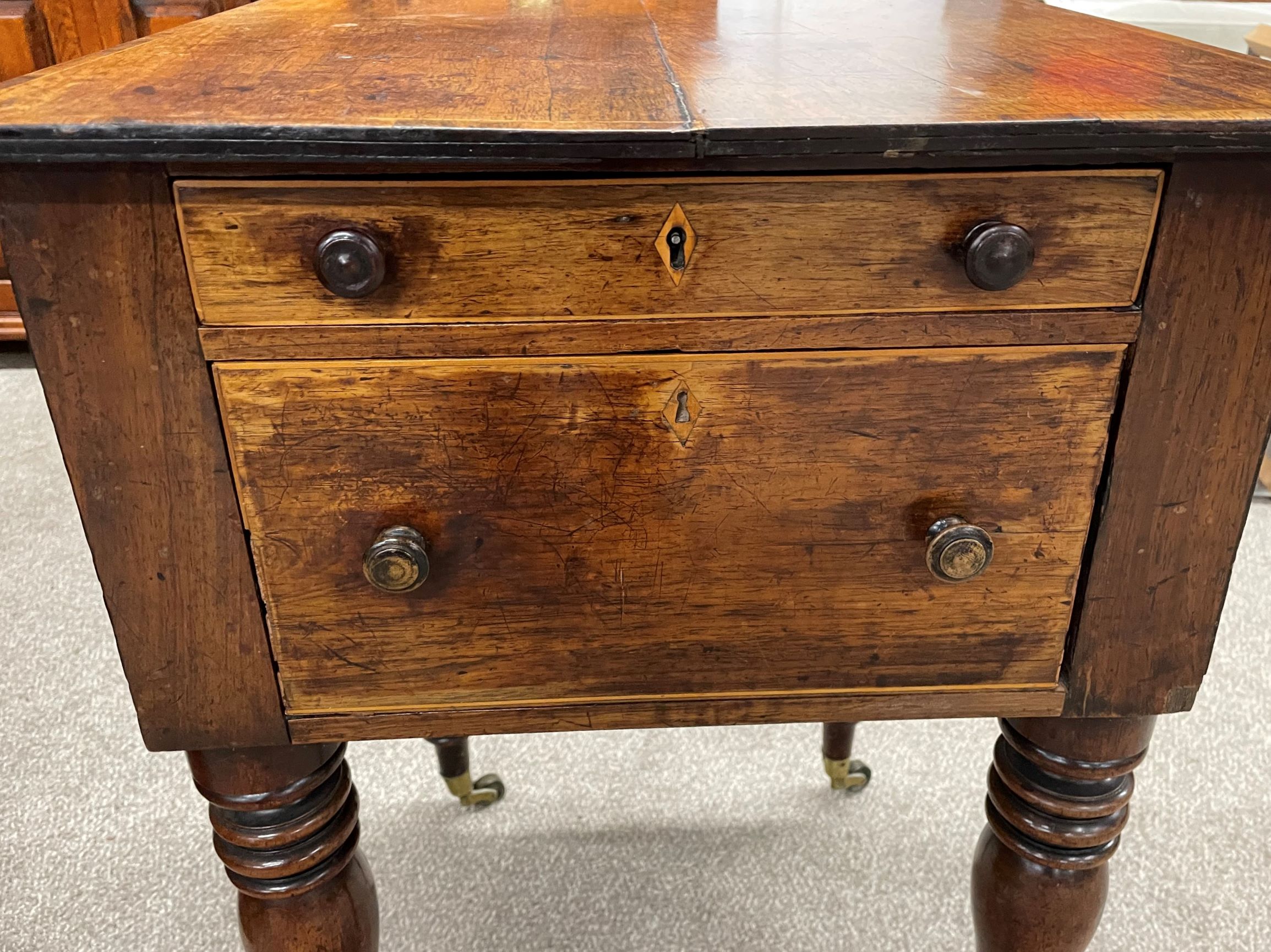 Victorian sewing table on turned legs on castors with two drawers to the front & blind drawers to - Image 2 of 4