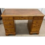 Pine twin pedestal desk with leather skiver - approx. 122cm x 62cm x 76cm