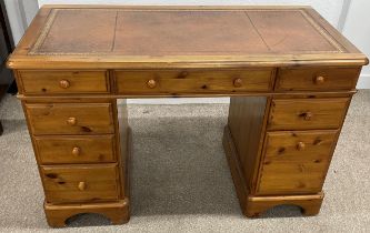 Pine twin pedestal desk with leather skiver - approx. 122cm x 62cm x 76cm