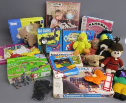 Toys and games includes jigsaws, connect 4, hangman, wooden railway, fur and leather koala, Barclays