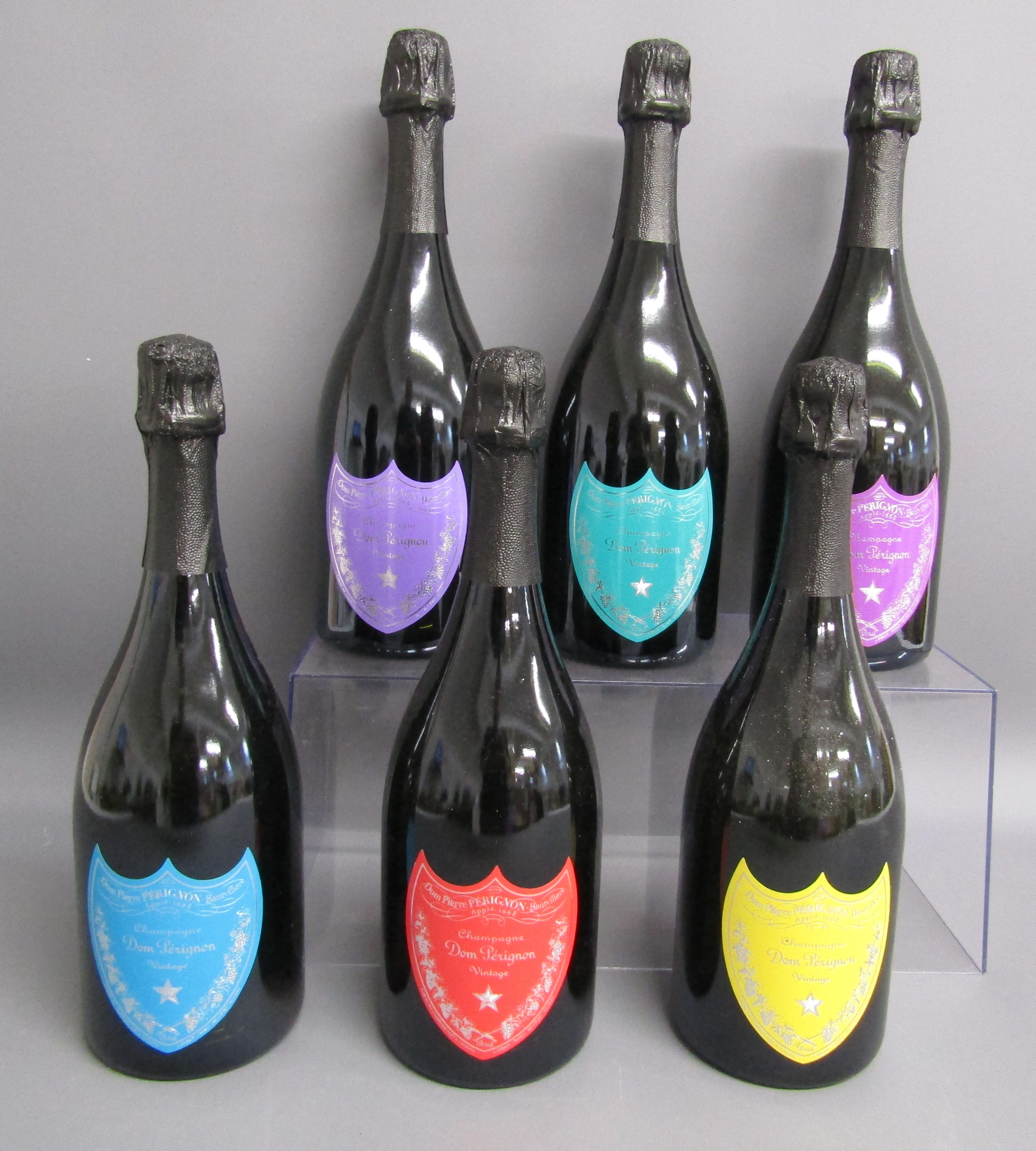 Set of 6 Andy Warhol Tribute Collection Dom Perignon display bottles (empty)