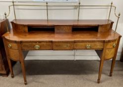 Regency bow fronted sideboard with brass top rail & tapering spade feet & inlaid with box wood