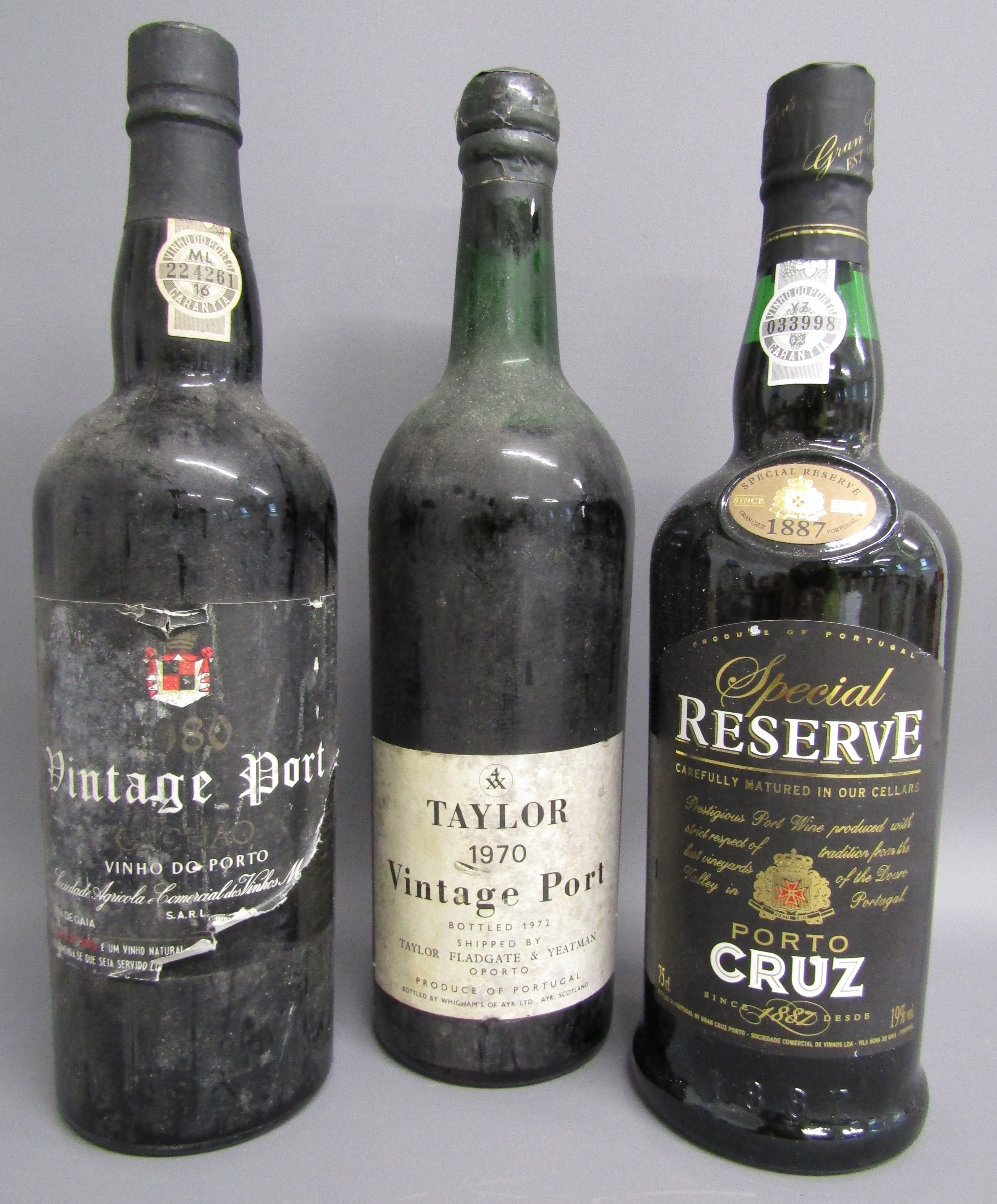 3 bottles of port - Cachao vintage port, Taylor 1970 vintage port and Special Reserve Porto Crua