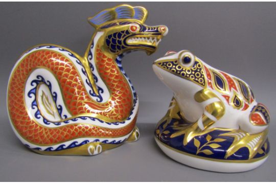 Royal Crown Derby Chinese dragon and frog on lily pad paperweights - Image 1 of 6