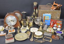 Selection of brassware, miners lamp, horse brasses & bell terret, vintage oil cans Junior shell,