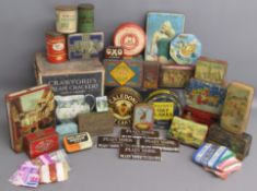 Collection of food tins includes Crawford's biscuits, M.A Craven & Sons, Lovells, Allenburys,