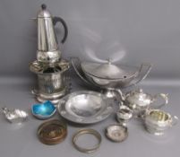 Collection of silver plate includes Bradleigh plate stove, stove top coffee pot, Thealex Clark sauce