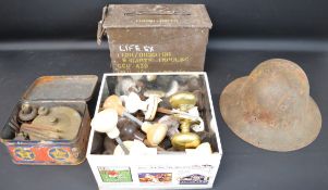 Original Radius No 2 stove in tin, British Army helmet shell, ammunition box & selection of door