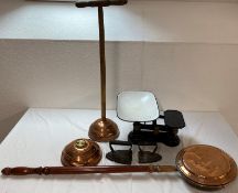 Copper bed warmers, scales, flat irons and posher