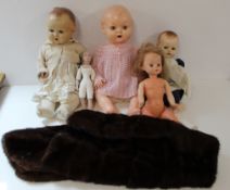 Shirley fur stole and collection of dolls including Pedigree, Kader & large composition doll