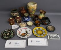 Collection of ceramics includes Devon Motto ware dish, Falcon ware Dovedale vase, slip ware, pair of