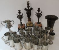 Pewter tankards,  2 handed cup, pair of spelter candlesticks with marble bases, a lamp base and a