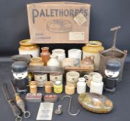 Selection of kitchenalia including meat cleaver, Fred the Flour Man canisters, Rowntree tin,