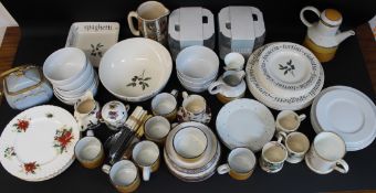 Selection of crockery including Stonehenge Midwinter Sun set, 8 new wine glasses and selection of