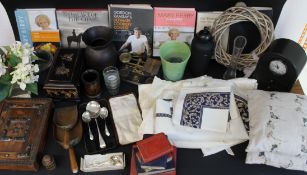 Decorative items including vases, urns, clocks etc, books, silver plated spoons, pillows and sheets,