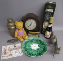 Collection of items includes Smiths Enfield bakelite clock, stamps , reading glasses, majolica