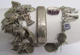 Silver charm bracelets, bangle and ring - 5.0ozt William Johnson & Son Birmingham 1961 charm