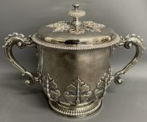 Large Edwardian silver two handled cup and cover with cut card work round base and cover,