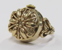 9ct gold watch ring - with flower design sprung cover and decorative shoulders - Elco 21 jewels