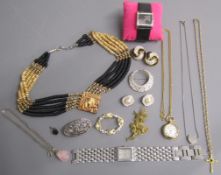 Collection of costume jewellery includes DKNY watch, necklaces, fob watch, rose quartz pendant on