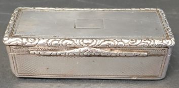 Georgian silver snuff box with foliate thumbpiece, hinged cover and sides with engine turned