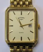 Rotary mens electro gold plated quartz watch, plus matching gold coloured tie pin and cufflinks