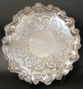 Victorian silver salver with shell and pie crust edge, central presentation inscription to 
