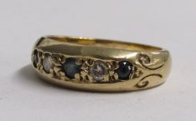 9ct gold diamond and sapphire 5 stone ring - ring size K/L - total weight 3.5g