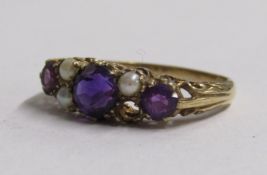 9ct gold amethyst and seed pearl ring - ring size P - total weight 2.3g (1 pearl missing)