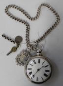 Silver (Birmingham 1843) pair case pocket watch by W Pybus Caistor with silver chain & fob (1.6 ozt)