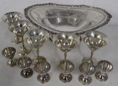 Selection of silver plate to include 1 large fruit bowl 15cm x 38cm, five goblets 13cm, six egg